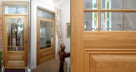 Custom made oak door with beveled glass and georgian bar